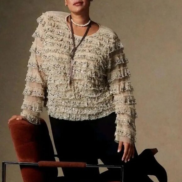 LetMeBe Anthropologie Silver Sequins Taupe Tulle Ruffles Blouse Size M - Picture 7 of 7